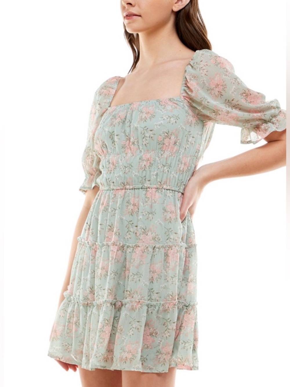 ROW A Mint & Pink Floral Smocked Midi Dress with Puff Sleeves